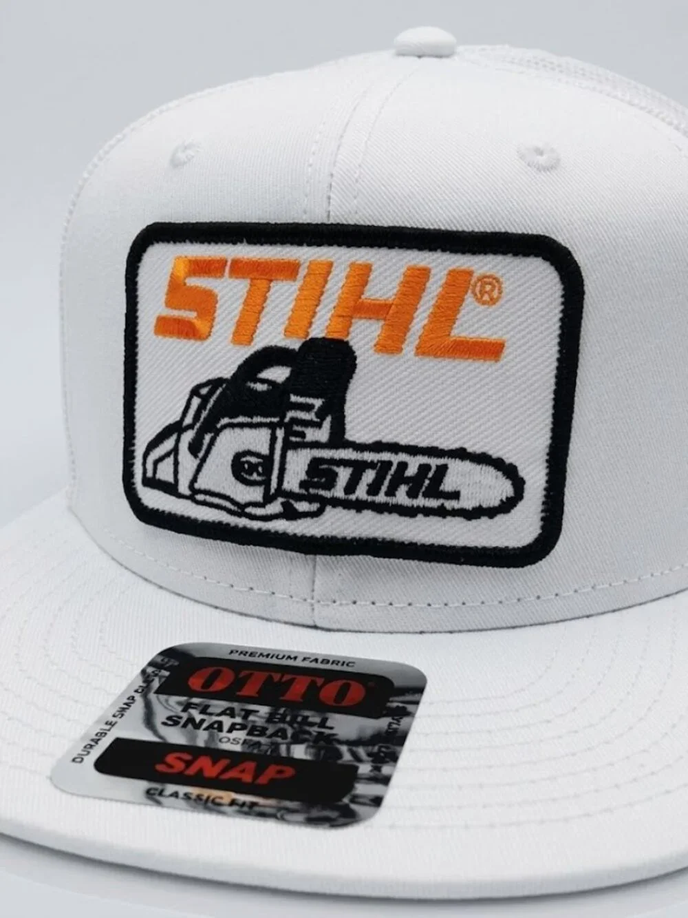 Retro Chainsaw Power Tool Trucker Hat Orange Logging Machine OTTO Cap White
